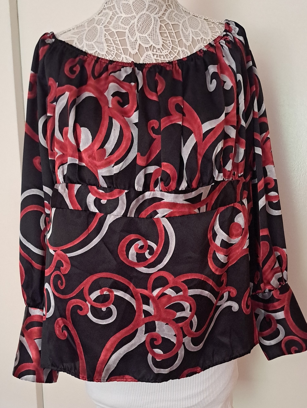 Lane Bryant Black Blouse with Red and Light Gray Swirl Print